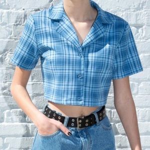 Brandy Melville John Galt Blue Plaid Crop Button Up One Size